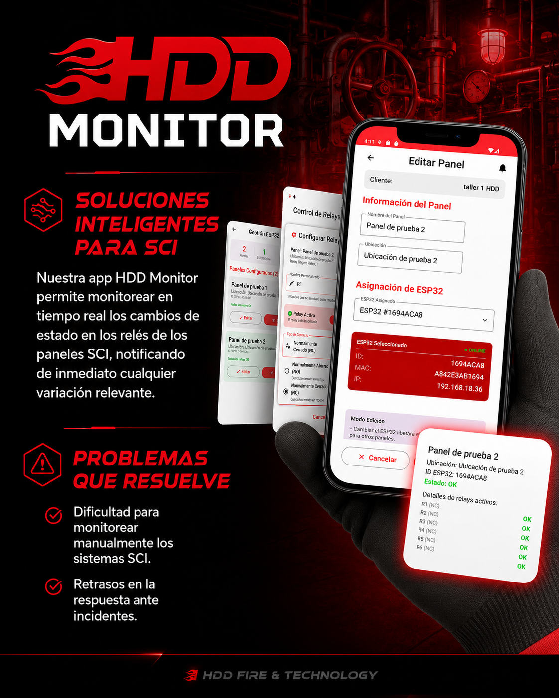 App HDD Monitor para monitoreo remoto en tiempo real de los relés de paneles contra incendios